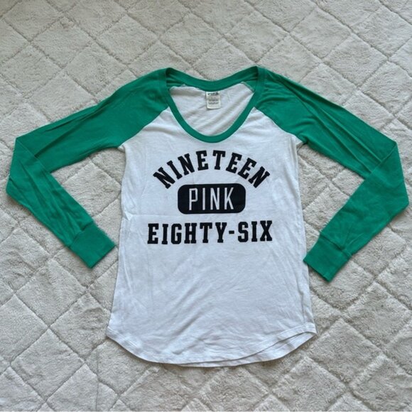 Victoria’s Secret PINK | Green Baseball Tee "1986" Long Sleeve | Size Small - Picture 1 of 7